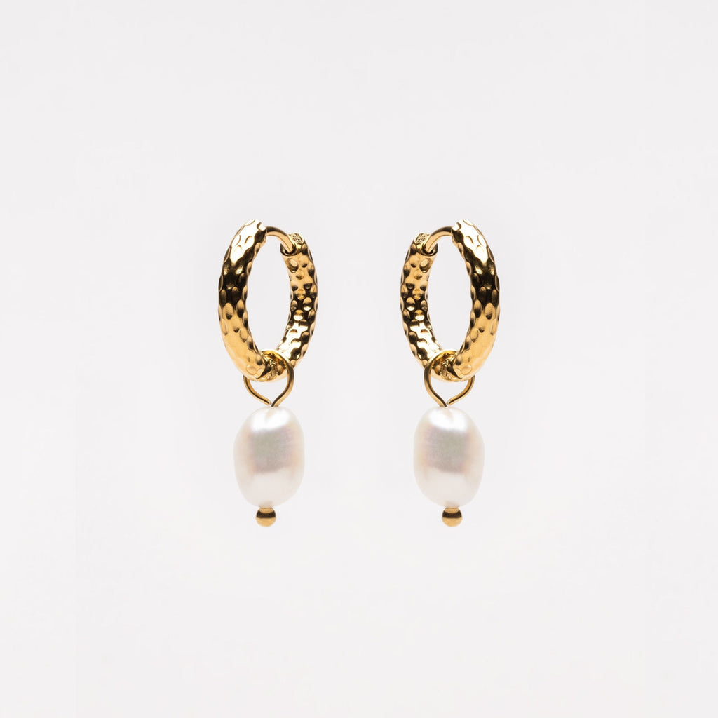 Hammered Pearl Hoop Earrings